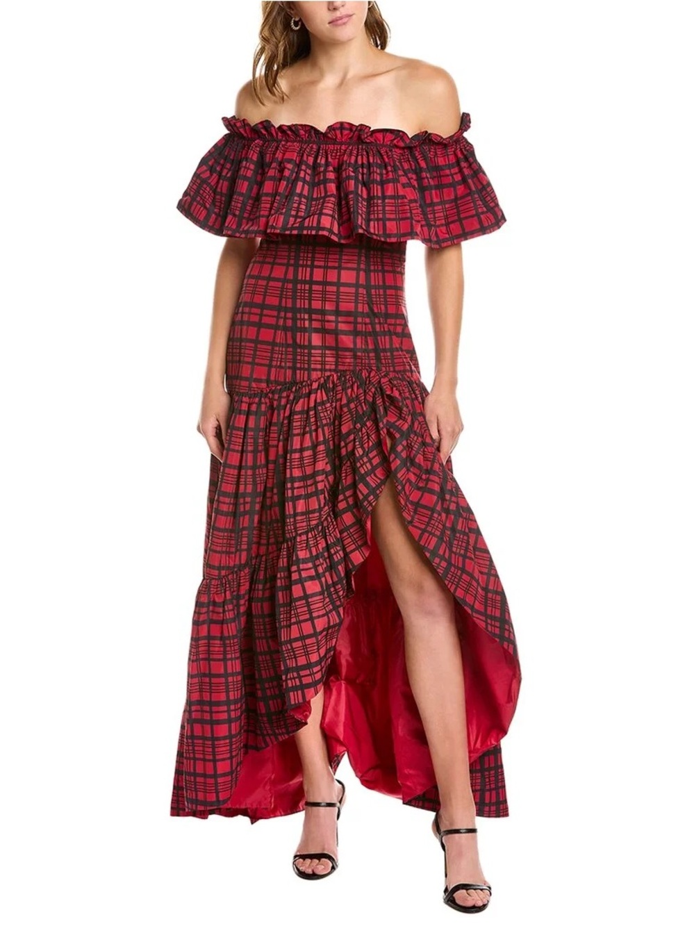 LoveShackFancy Martini Dress Moody Ruby Plaid Off Shoulder Maxi Size 4